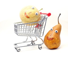 Pear pushes the shopping cart with an apple with eyes