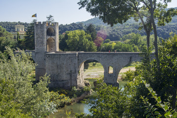 Medieval stone bridge, Besal&uacute;, Girona, Spain