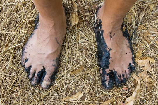 Above, barefoot, black mud, which stood on the ground dry grass