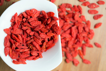Dried goji berries in white bowl on a table