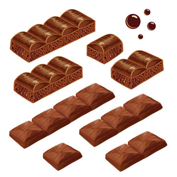 Porous and milk chocolate pieces. vector isolated.