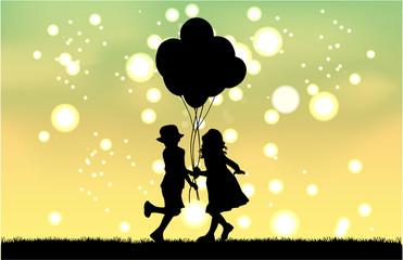 Silhouette of children with balloon.