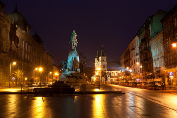 Fototapeta na wymiar Grunwald Monument on Jana Matejki Square at night, Krakow