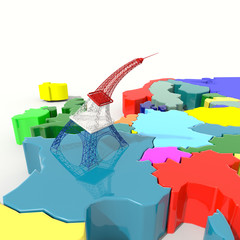 Mappa Europa 3D colore con Eiffel piegata sopra la Germania © albasu