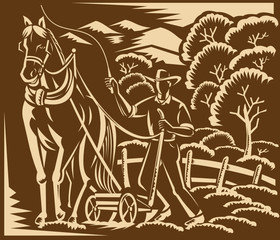 Fototapeta na wymiar Farmer Farming Plowing With Farm Horse Woodcut