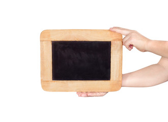 hands holding slate blackboard isolated on white background
