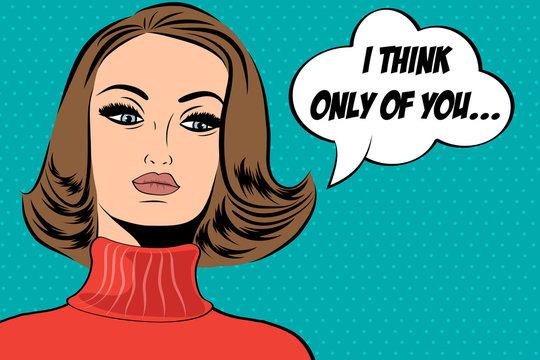 pop art cute retro woman in comics style with message