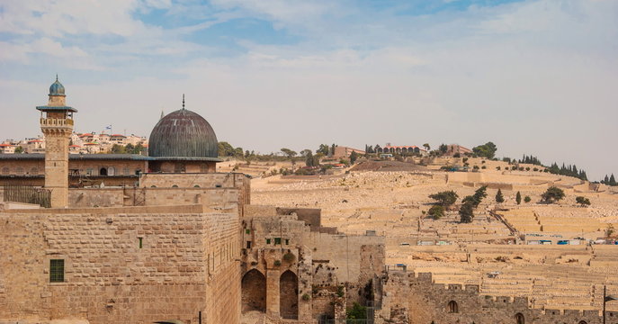 View of  Temple Mount,  minaret, dome of  mosque in Jerusalem