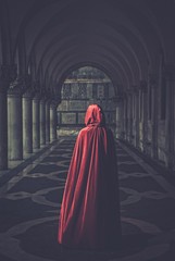 Woman in red cloak walking away - obrazy, fototapety, plakaty