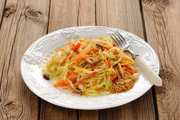 Cabbage ragout with carrot, chili, mushrooms and french mustard