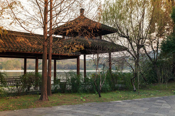 Wooden traditional Chinese gazebo on the coast