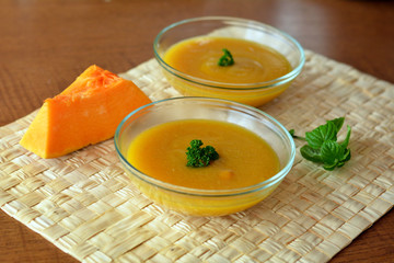 Pumpkin Creme Soup In The  Glass Bowl