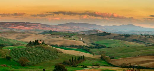 Sunset in Tuscany Field, Italy - obrazy, fototapety, plakaty