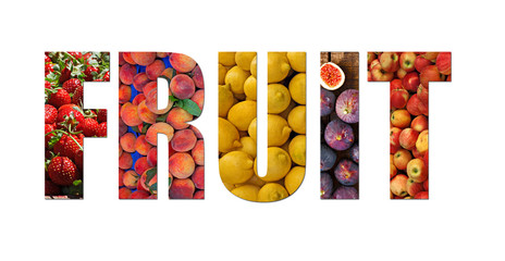 Colorful ripe fruit inside text on white backround