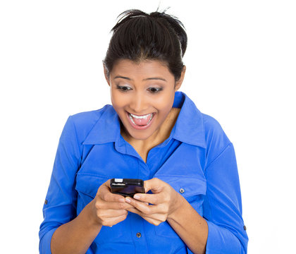 woman looking surprised with opened mouth eyes on cell phone
