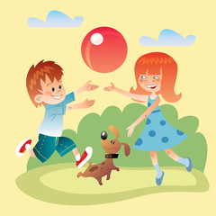 Kids and dog play outdoors in the ball