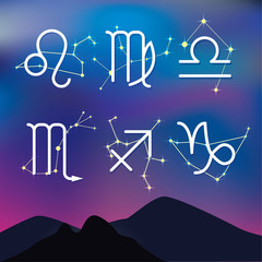 Night landscape with Zodiac constellations as background.