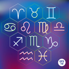 Zodiac signs into hexagonal frames on blurred background