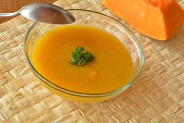 Pumpkin Creme Soup In The  Glass Bowl