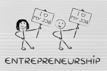 entrepreneurs holding panels that says I love my job