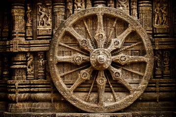 Beautiful sandstone chariot Wheel of Konark Sun Temple, Orissa