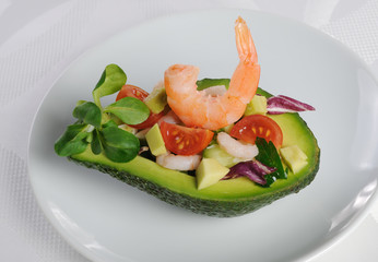 Appetizer of avocado with prawns