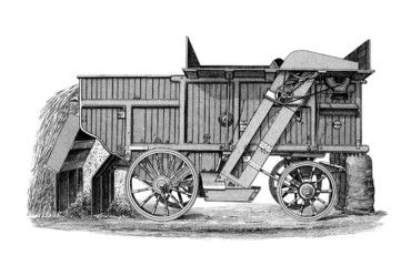 Fototapeta na wymiar 19th century engraving of a Finishing Steam Thrashing machine