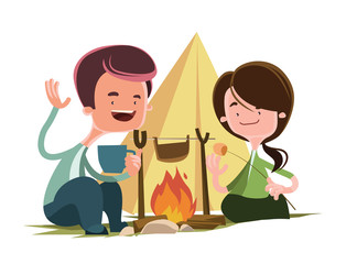 Friends next camping fire vector illustration cartoon character