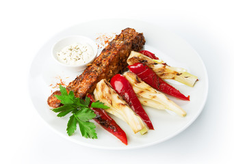 Restaurant food isolated - grilled salmon steak with peppers