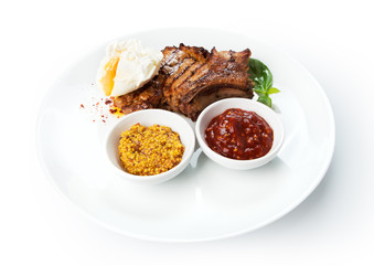 Restaurant food isolated - grilled pork chop with pashot egg