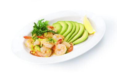 Restaurant food isolated - shrimps in white wine garlic sauce