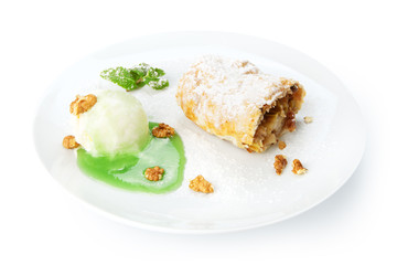 Restaurant food isolated - apple strudel with mint sauce, ice cr