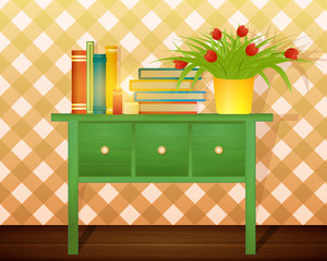 stack of books on green table