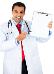 health care professional with stethoscope holding sign clipboard