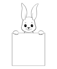 Black and white illustration of a bunny holding a blank sign.
