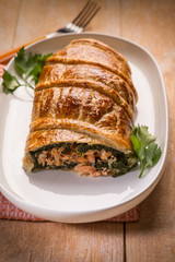 strudel stuffed with fresh salmon and spinach