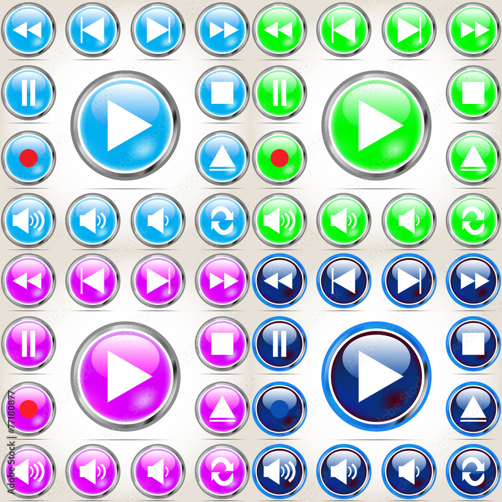 Poster set of colored media buttons with shadow