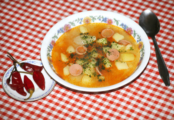 Traditional hungarian potato soup with hot peppers
