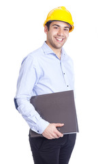 Young architect holding a folder on a white background