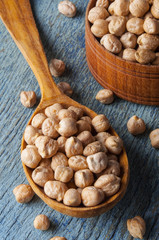 Raw chickpeas in a wooden spoon close-up on an old table
