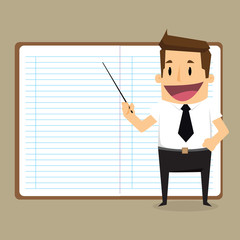 businessman presenting, white billboard with empty space. Presen