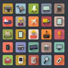 Business, warehouse, transportation and delivery icons flat set