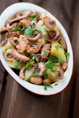 Close-up of traditional italian octopus salad, high angle view