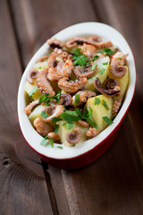 Octopus salad, selective focus, shallow depth of field