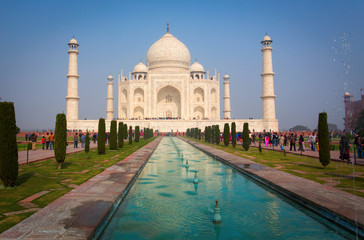Naklejka premium Taj-Mahal mausoleum with reflection in water. Agra, India