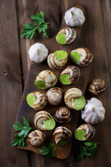 Escargots de Bourgogne over rustic wooden background, above view