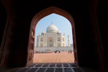 Framing of Taj Mahal Mausoleum with clear blue sky, Agra, India