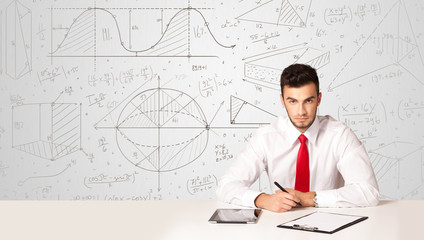 Businessman with business calculations background