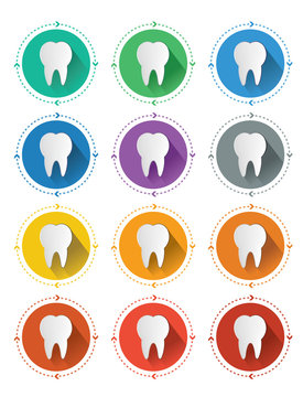 Modern flat design tooth icons set with long shadow effect