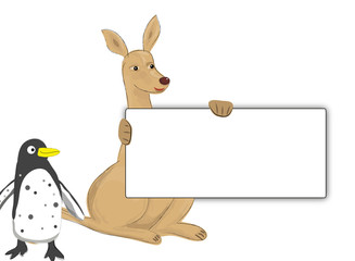 Obraz premium Känguru und Pinguin mit Schild